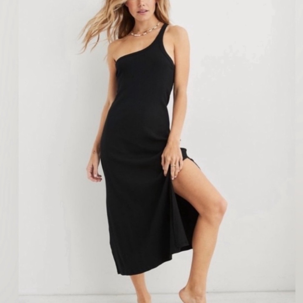 Black One Shoulder Midi Dress